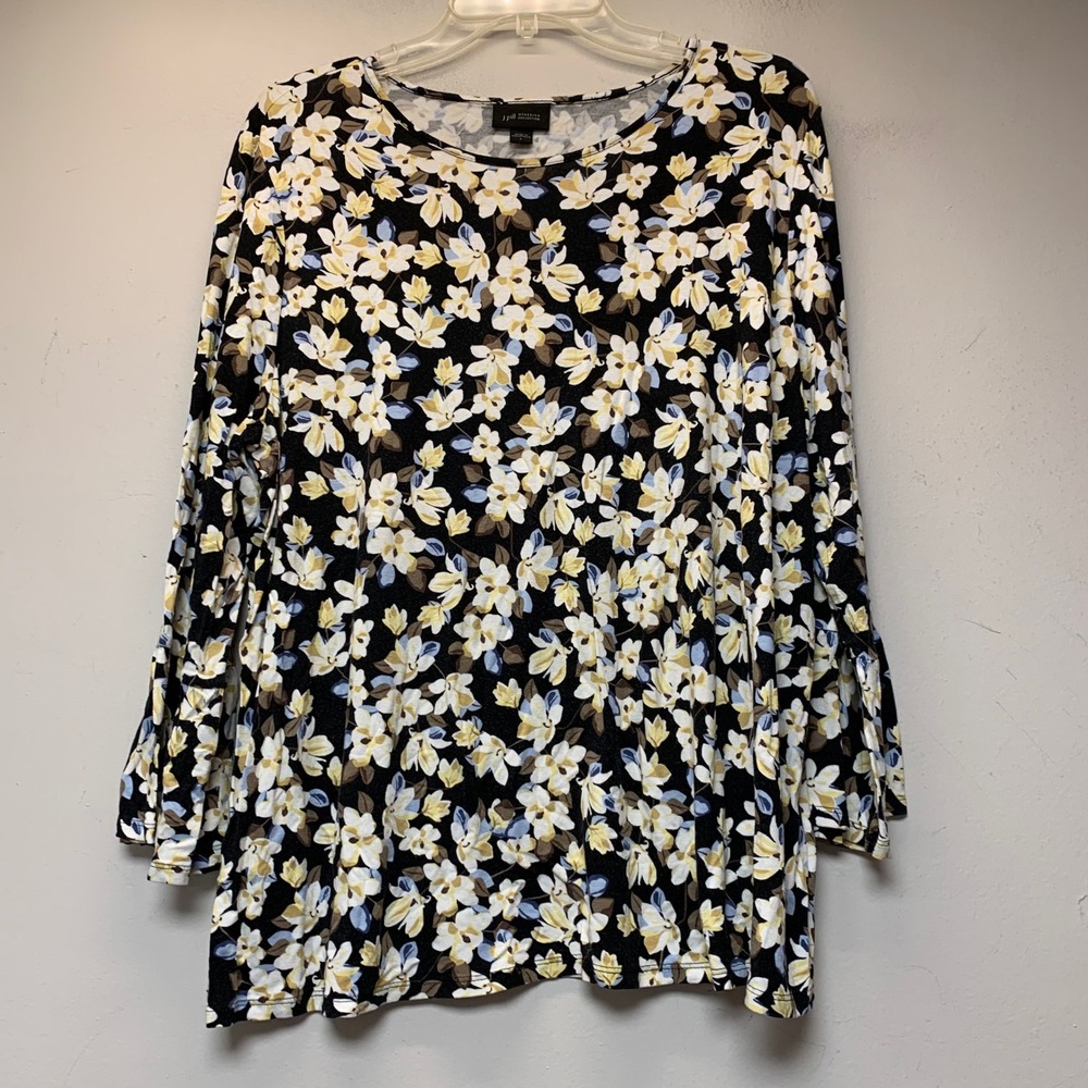 J. Jill Wearever Top Women Large Black Floral Excellent Long Sleeve Scoop Neck